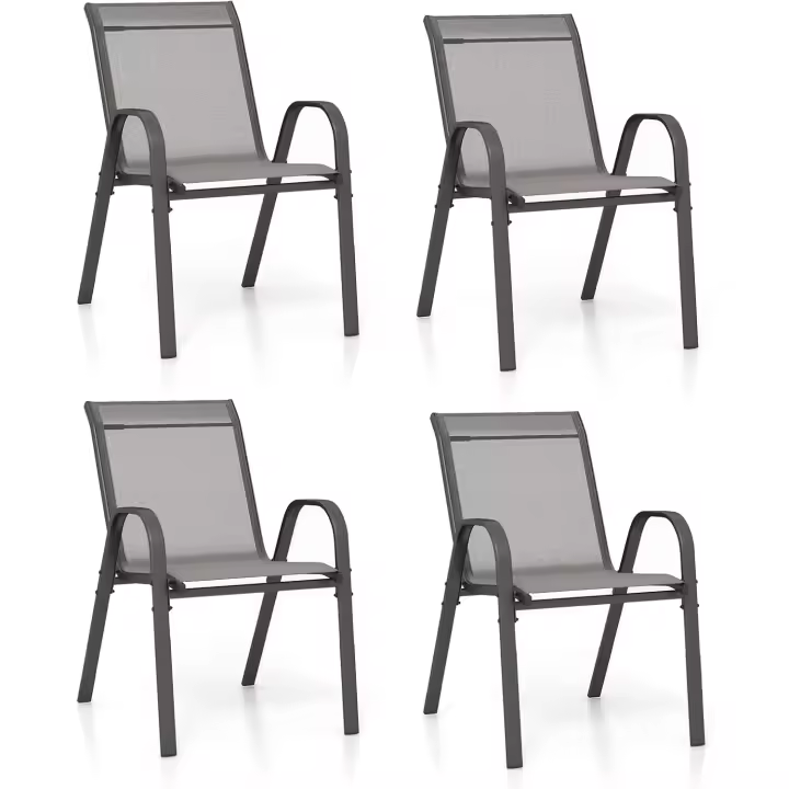 2/4 Sillas de Jardín, Silla Apilable Terreza Exterior de Tela con Marco de Metal, Sillón de Comedor con Reposabrazos y Respaldo Alto, Carga 150kg, 56 x 70 x 84 cm (4, Gris) - 1