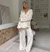 Novedad de verano, conjunto de manga larga 100% algodón con estampado de corazón de amor, pijama con botones para mujer con cuello TRE de 2 piezas, pijamas - details 22