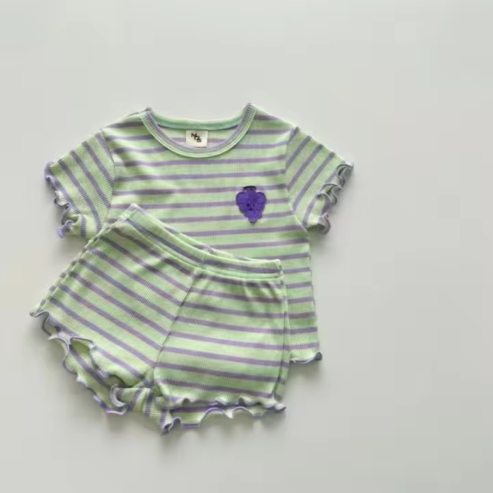 Conjunto de ropa de manga corta a rayas para bebé, Tops con borde de oreja para niña + traje corto de 2 piezas, artículos de ropa con estampado de uva para niño, novedad de verano 2025 - 1