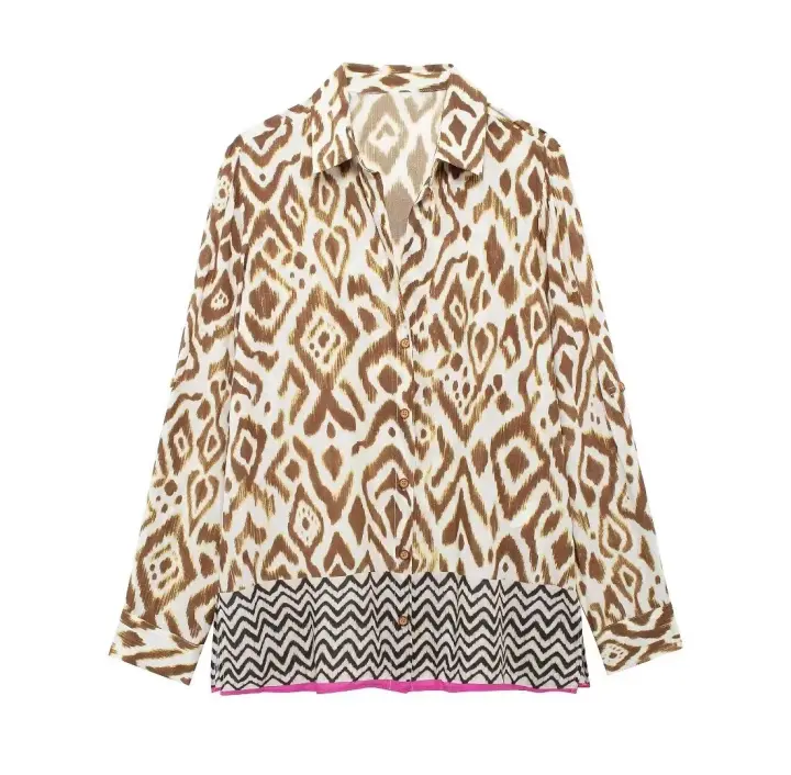 TRAFZA-Conjunto de 2 piezas para mujer, camisa de manga larga con botones decorados, falda larga plisada con cordón de cintura alta, 2024 - 1