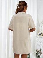Conjunto de camisa de dos piezas de color sólido con pantalones cortos de moda para mujer, informal, suelto, manga corta, una sola fila - details 34