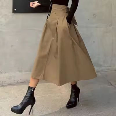 Falda de Mujer de Moda Sólida Falda Swing de Cintura Alta Estilo Cinturón Ancho - 1