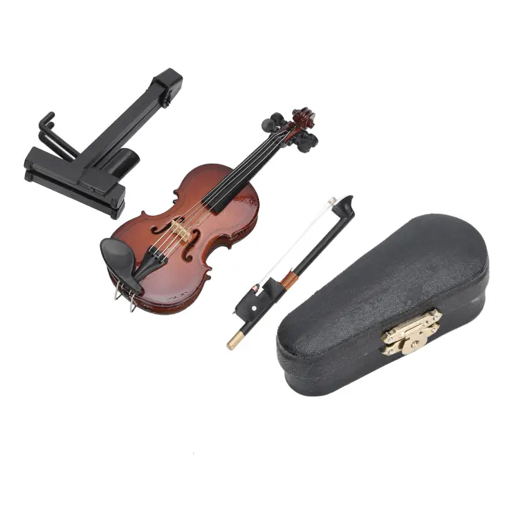 Mini violín modelo instrumento musical en miniatura juguete con soporte estuche decoraciones artesanales - 1