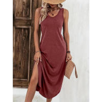 Vestido midi de punto dividido sin mangas con cuello en V para mujer, verano 2025 - details 4