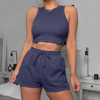 Conjunto de dos piezas de verano para mujer, chaleco sin mangas de color sólido con textura gofre y pantalones cortos casuales de moda. - details 34