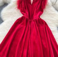 Vestido de fiesta de estilo navideño para mujer, diseño elegante de plumas, línea A - details 5