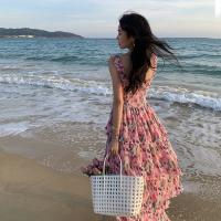 Vestido de vacaciones plisado elástico con estampado de flores de primavera y verano, falda rosa, vestido de playa con tirantes, vestido de isla - details 2