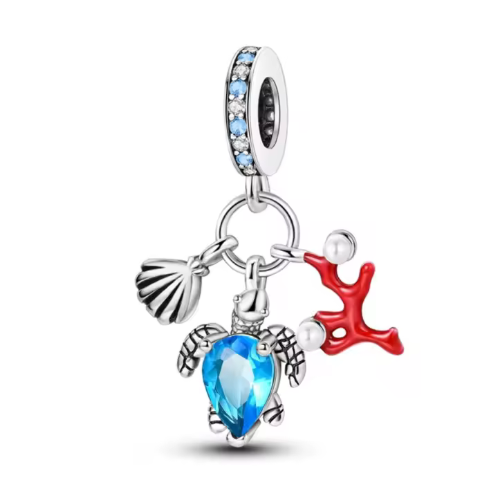 Colgante de Pulsera de Plata Esterlina 925 Piedra Blanca Pulsera de Concha de Coral de Tortuga - 1