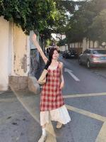 Dos vestidos camisola de encaje a cuadros falsos, estilo de vacaciones junto al mar de verano para mujer, sentido del diseño, falda larga de nicho - details 10
