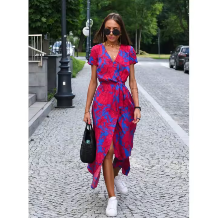 Vestido Floral Elegante con Escote en V Estampado Moderno, Transpirable, Perfecto para Trabajo y Ocasiones Casuales - 1