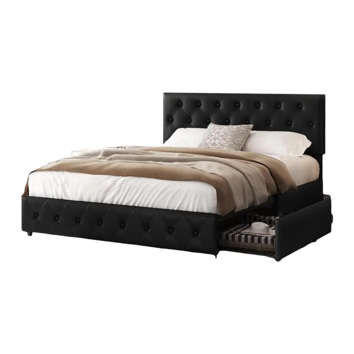 Cama Tapizada de Piel Marco de Cama Doble con 2 Cajones Ajustables en Altura - 1