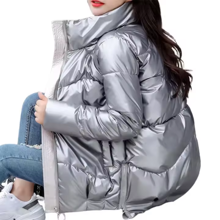 Chaqueta acolchada de algodón brillante para mujer, Chaqueta corta gruesa negra brillante, Parkas de algodón amarillo y rojo, prendas de vestir - 1