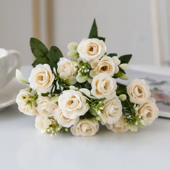 15 cabezas, 5 tenedores, rosa de seda Artificial, pequeños brotes de té, regalos, flores artificiales, álbum de recortes, ramo de novia de boda - 1