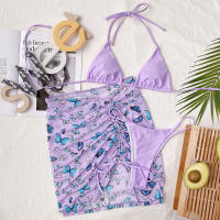 Bañador con estampado blanco para mujer, conjunto de Bikini de 3 piezas, microbikini triangular con cordón, traje de baño Halter de cintura baja, novedad de 2021 - details 6