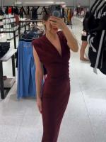 TRAFZA 2025 verano mujer moda tendencia vino rojo vestidos a media pierna ajustados mujer con plisado vestido de noche Vestidos - details 1