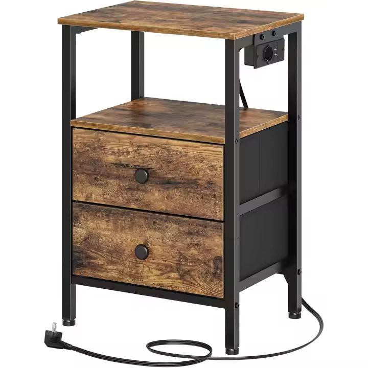 Mesita de Noche con Estación de Carga, Cajonera con Toma de Corriente y Puertos USB, 2 Cajones, Mesita Auxiliar Industrial, para Salón, Dormitorio, Oficina, Marrón Vintage y Negro XET02CBR - 1