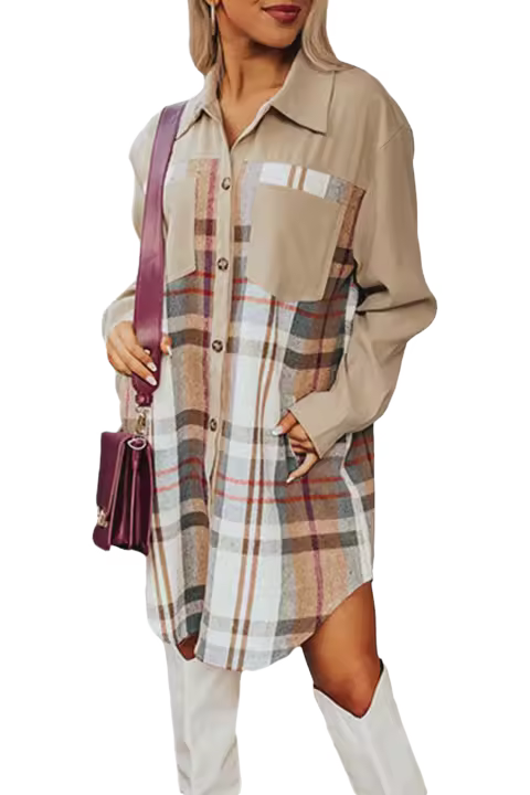 Elrachen Vestido camisero de retazos a cuadros para mujer, caqui, tallas S-2XL - 1