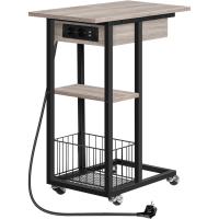 Mesa Auxiliar con Estación de Carga, Mesa de Centro Abatible en Forma de C con Ruedas y Estante de Almacenamiento, Puertos USB Tomas Corriente, para Salón Dormitorio, Greige y Negro EBG022SF01 - details 0