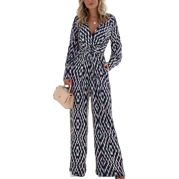 Pantalones de manga larga ajustados con cuello en V para mujer, mono de tendencia, impresión geométrica, otoño e invierno, 2024 - 1