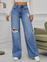 Pantalones rectos de pierna ancha, superventas, hasta la cintura, hasta el suelo, vaqueros rasgados para mujer, azul claro - details 0