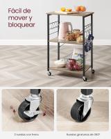 Estantería de Cocina con Ruedas, Carrito de Servicio de 3 Niveles, Estantería para Microondas, Horno, Tostadora, Marco de Metal con 6 Ganchos, Marrón Rústico y Negro KKS60XV1 - details 31