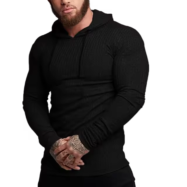 Otoño e invierno delgado con capucha de manga larga camiseta de los hombres Rayas Slim casual fitness deportes jersey entrenamiento camisa de fondo - 1