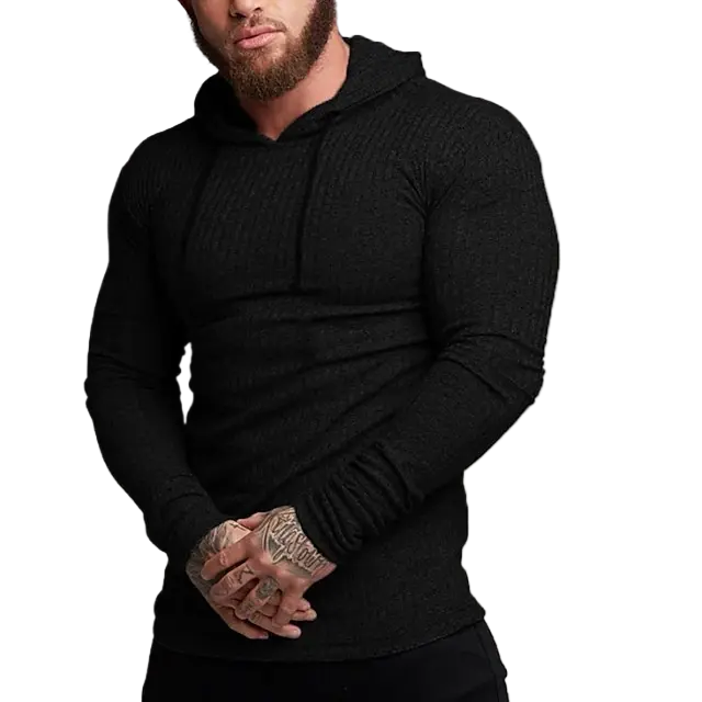 Otoño e invierno delgado con capucha de manga larga camiseta de los hombres Rayas Slim casual fitness deportes jersey entrenamiento camisa de fondo - 1