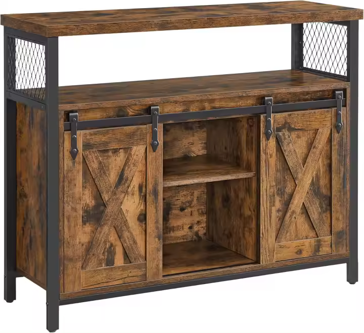 Armario de Cocina de Estilo Rústico Marco 2 Puertas Corredoras, Tamaño 33 x 100 x 80 cm, Estantes Ajustables, para Sala, Marrón y Negro Tinta LSC092B01 - 1