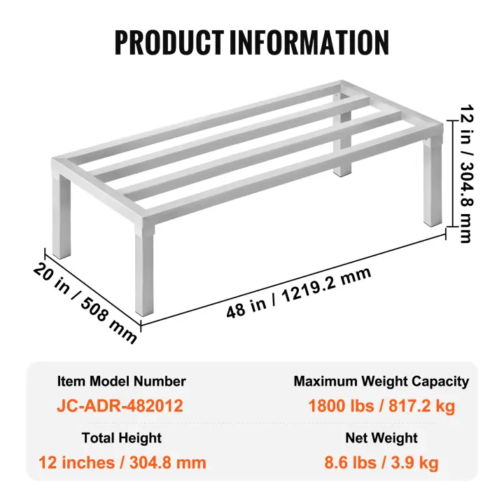 SucceBuy Estante de aluminio para estiba, estante de piso comercial para alimentos de 24" x 14", 8" fuera del piso, estante de almacenamiento de aluminio ajustable con capacidad de 1000 libras, para restaurantes, cocinas, garajes y vehículos - 1