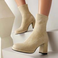 Botas cortas hasta el tobillo con cremallera trasera y punta puntiaguda para mujer, zapatos de ante de ajuste ancho - details 5