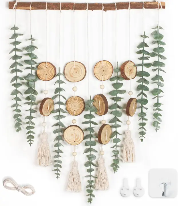 Decoración de pared de eucalipto Artificial, hojas verdes falsas de eucalipto, plantas colgantes de pared con palo de madera, estilo bohemio rústico - 1