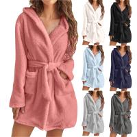 Albornoz de felpa para mujer, pijama cálido para casa con capucha de color sólido - details 1