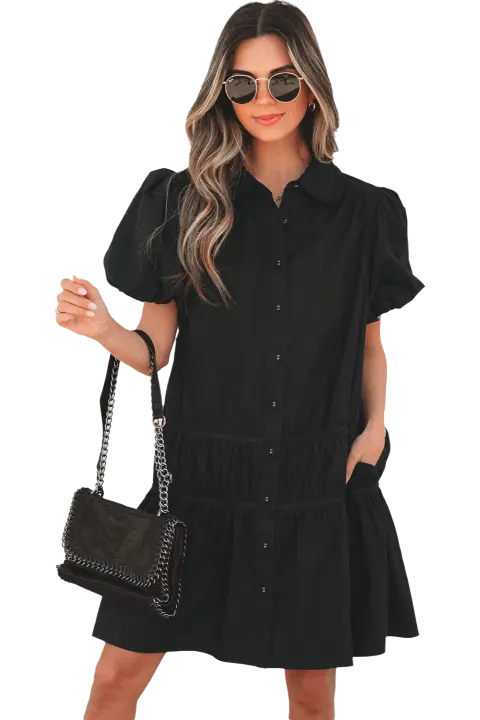 Elrachen Vestido camisero para mujer con dobladillo con volantes y mangas abullonadas, negro, tallas S-XL - 1