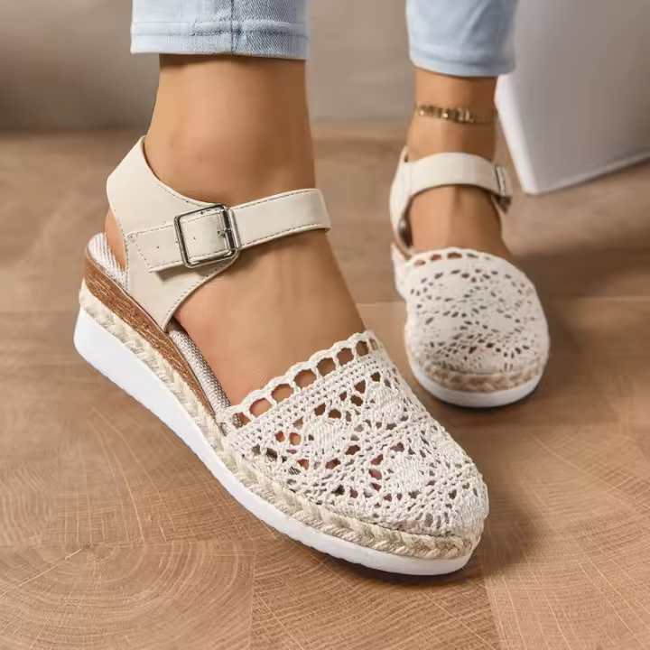 Sandalias de Mujer Talla Grande Nuevo Estilo Exterior Yute Encaje Casual Una Tira Punta Cerrada Suela Gruesa Plataforma - 1