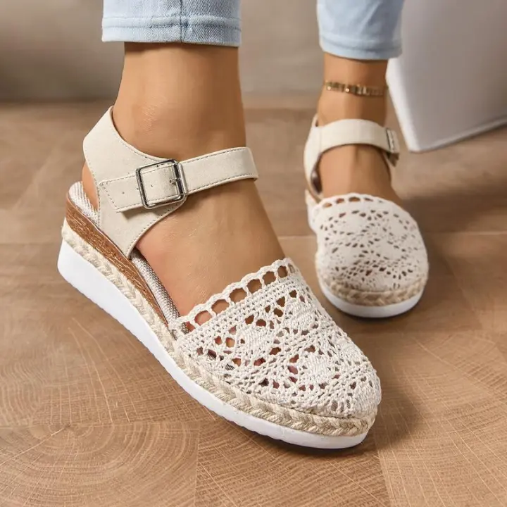 Sandalias de Mujer Talla Grande Nuevo Estilo Exterior Yute Encaje Casual Una Tira Punta Cerrada Suela Gruesa Plataforma - 1