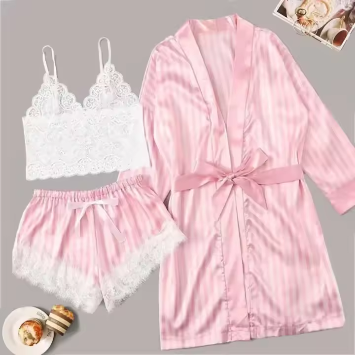 Conjunto de pijama para mujer, pijamas sexy Ence, pijamas de seda satinada con bata, ropa para el hogar, regalos para novia y esposa - 1