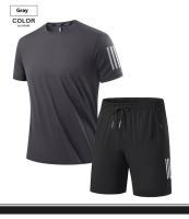 Conjunto casual de talla grande para hombre de pantalones de seda helada con camiseta holgada de manga corta, alta elasticidad, drapeado, conjunto deportivo de secado rápido, tres rayas clásicas, 8XL. - details 14