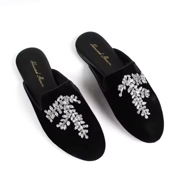 Logotipo del cordón de la mula del modelo de la zapatilla del terciopelo negro brillante plano del fabricante del zapato de 2024 mujeres - 1
