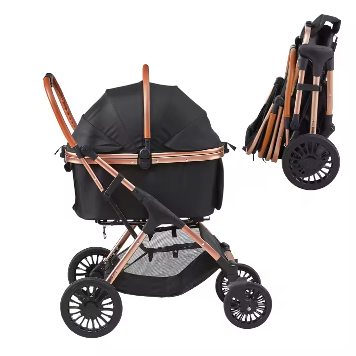 SucceBuy Cochecito para mascotas, cochecito para perros de 4 ruedas con frenos, capacidad de 66 libras, portador desmontable, cesta de almacenamiento, almohadilla para mascotas, para perros pequeños y medianos, negro - 1