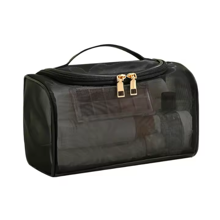 Bolsa de maquillaje de gran capacidad con diseño de malla transparente para viajes, bolsa de toallas de higiene personal de nailon. - 1
