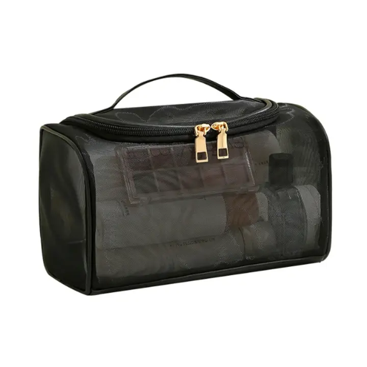 Bolsa de maquillaje de gran capacidad con diseño de malla transparente para viajes, bolsa de toallas de higiene personal de nailon. - 1