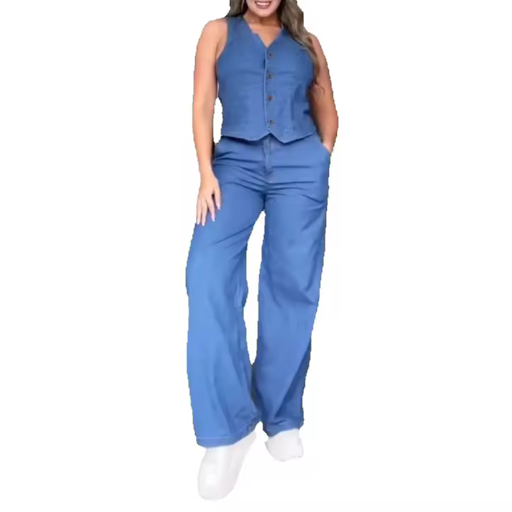 2025 Nuevo conjunto sin mangas de moda de color sólido, conjunto de dos piezas de mezclilla con chaleco - 1