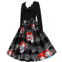 Women plaid print long sleeve vintage a line party dress v neck - details 94