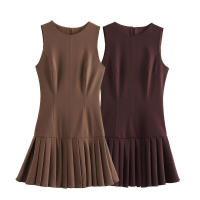 Falda plisada 3D Mini s con cuello redondo Moda para mujer en marrón - details 1