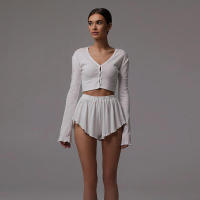 BUNO-Conjunto informal de 2 piezas de gato extraño para mujer, Tops cortos de manga larga con una botonadura y volantes, Mini traje corto sencillo y fino, tendencia de otoño - details 7