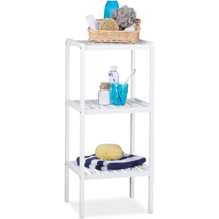 33x34.5x80 cm Estantería baño, 3 estantes, Madera, de pie, bambú, para Cocina Blanco - 1