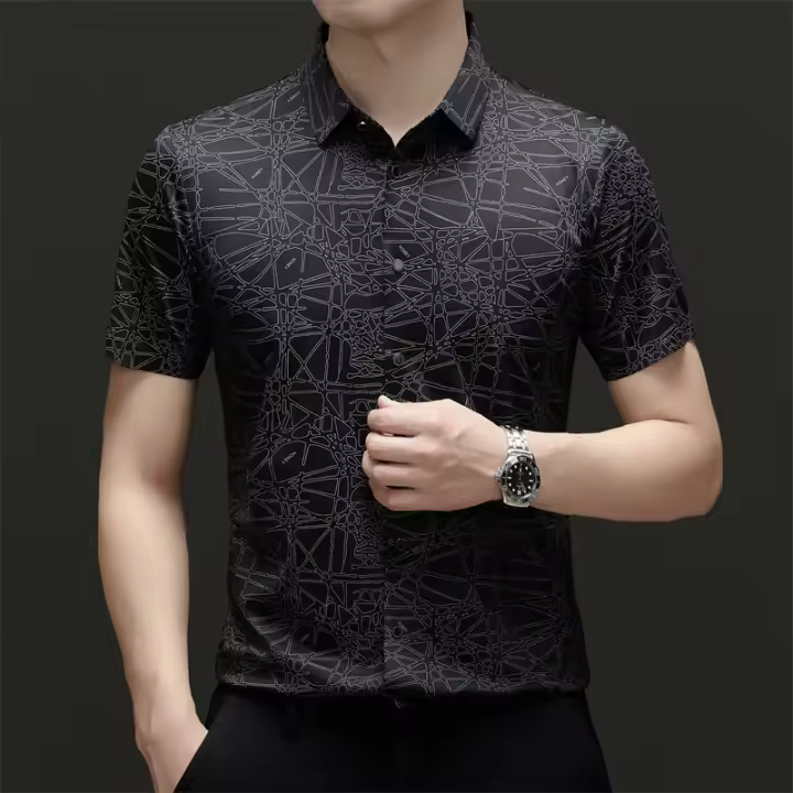 NOVEDAD DE VERANO 2025, camisa elástica estampada de manga corta informal versátil para hombre - 1