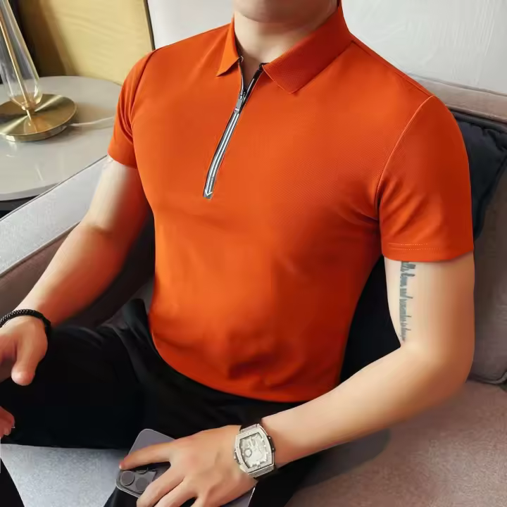 Polo de manga corta bordado de malla transpirable de verano para hombre, camiseta informal de negocios con solapa y media cremallera, - 1