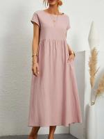 Vestido retro liso elegante de lino y algodón de manga corta con cuello redondo para mujer, vestido suelto informal de verano 2023 - details 11