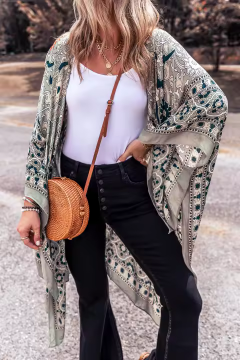 Elrachen Kimono largo vintage con estampado floral para mujer, verde, talla única - 1